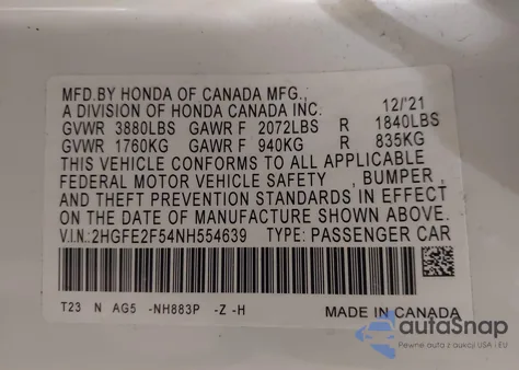 2022 Honda Civic Sport z USA, uszkodzony, nr VIN 2HGFE2F54NH554639